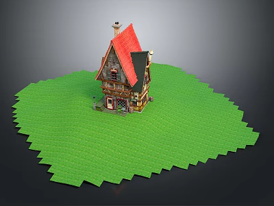 Charming Wooden House With Red Roof On Green Grassy Ground And Detailed Windows 3d model