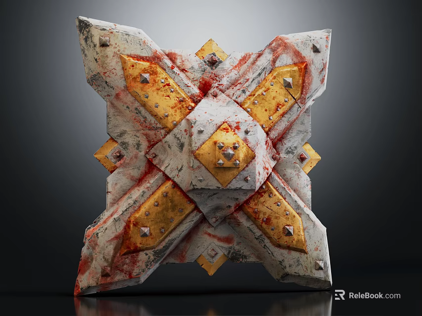 Medieval Shield Stone And Gold Decorative Design With Red Patterns And Metal Rivets 3d model 