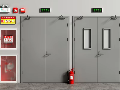 Gray Double Fire Doors With Green Exit Signs Red Fire Extinguisher And Wall Safety Signs 3d model