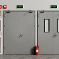 Gray Double Fire Doors With Green Exit Signs Red Fire Extinguisher And Wall Safety Signs