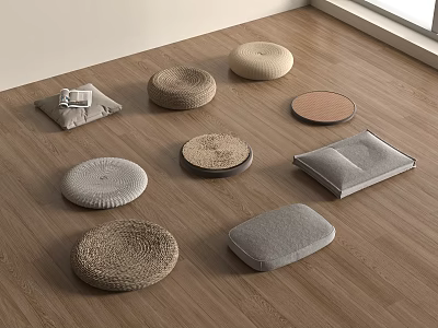 Various Woven And Fabric Floor Cushions Round And Rectangular On Wooden Floor 3d model