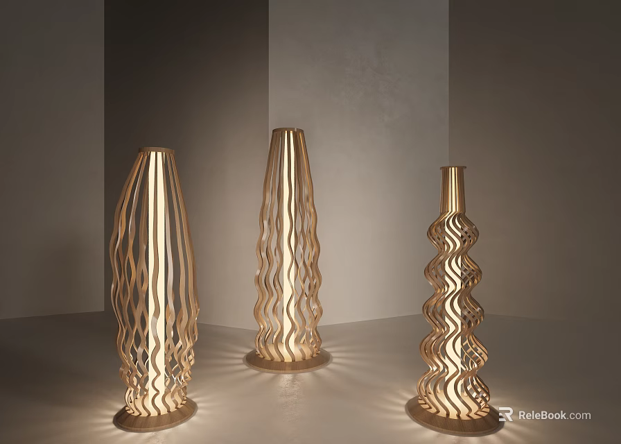 Three Modern Floor Lamps With Wavy Spiral Design And Illuminated Textured Shade 3d model 