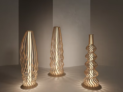 Three Modern Floor Lamps With Wavy Spiral Design And Illuminated Textured Shade 3d model