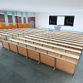 Conference Room Interior With Rows of Seats Wooden Walls Blue Stripes and Gray Floor Tiles