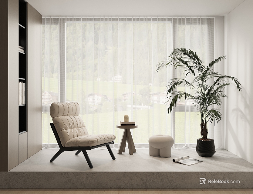 Modern Single Sofa Interior With Large Window Mountain View Small Table Green Plant And Ottoman 3d model 