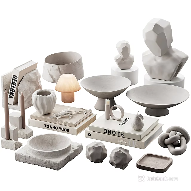 Minimalist Decorative Ornament Set With Sculptures Bowls Books Candle Holders Mushroom Lamp And Knots 3d model 