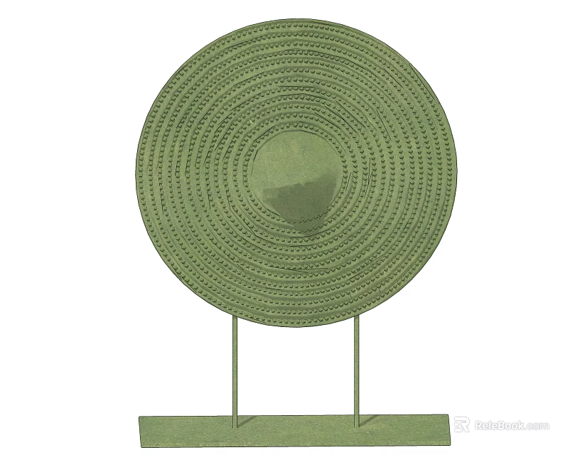 Minimalist Green Circular Decorative Ornament Set With Concentric Patterns And Metal Stand 3d model 