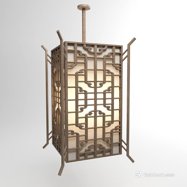 Chinese Style Square Chandelier with Wooden Frame Carved Patterns and Translucent Material 3d model 