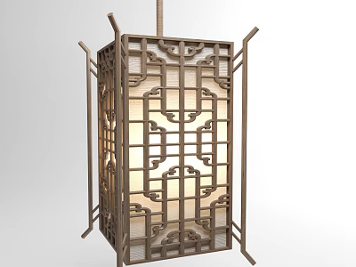 Chinese Style Square Chandelier with Wooden Frame Carved Patterns and Translucent Material 3d model