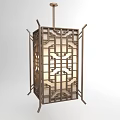 Chinese Style Square Chandelier with Wooden Frame Carved Patterns and Translucent Material