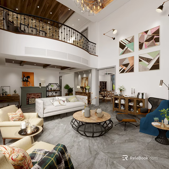 Spacious Duplex Living Room Interior With High Ceiling Balcony Railing And Decorative Art 3d model 