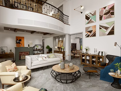 Spacious Duplex Living Room Interior With High Ceiling Balcony Railing And Decorative Art 3d model