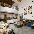 Spacious Duplex Living Room Interior With High Ceiling Balcony Railing And Decorative Art