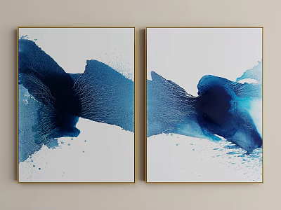 Abstract Paintings Two Panel Blue Tones With Golden Frame On Light Wall 3d model