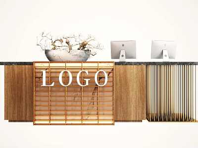 Modern Wooden Reception Desk With Marble Countertop Logo Two Computers And Decorative Plant 3d model
