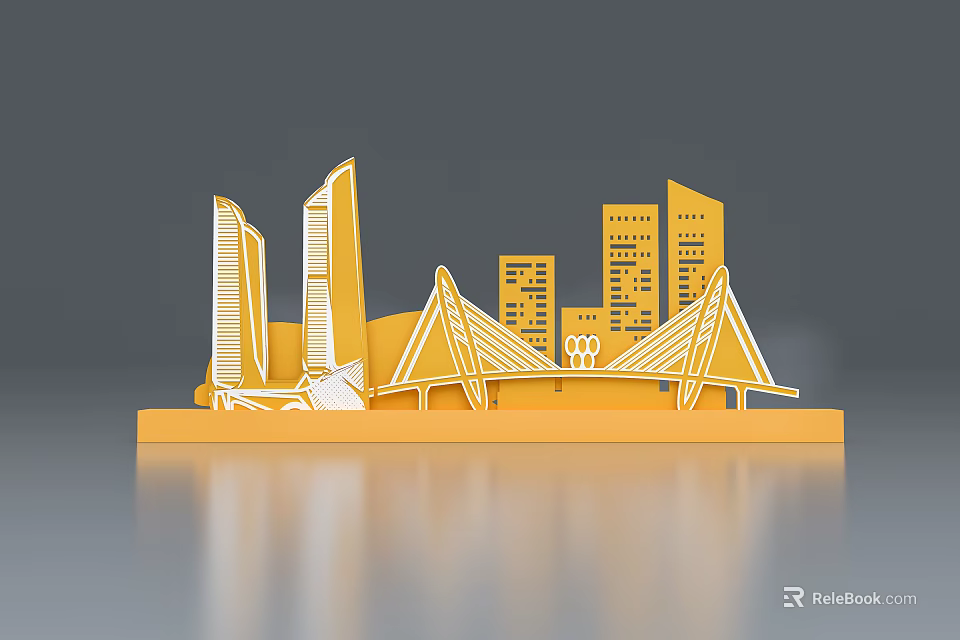 City Landmark Photo Check-in Spot With Yellow Model Skyscrapers Bridge And Olympic Rings 3d model 