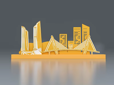City Landmark Photo Check-in Spot With Yellow Model Skyscrapers Bridge And Olympic Rings 3d model