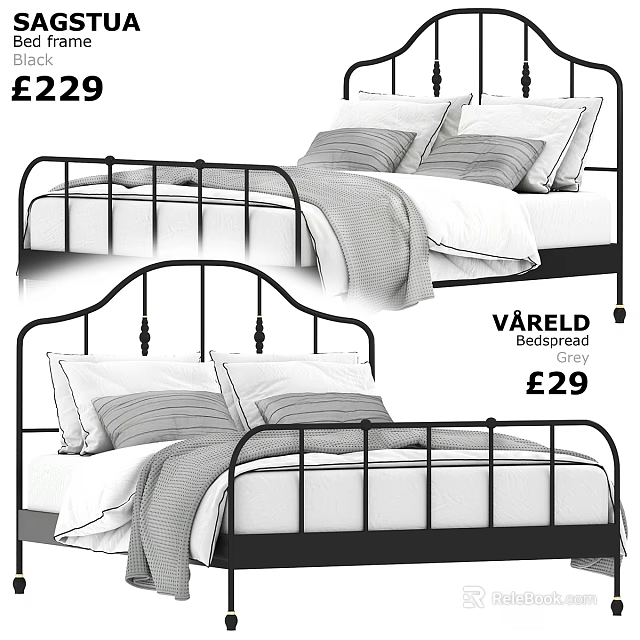 Black Metal Double Bed Frame with White Bedding and Grey Pillows 3d model 