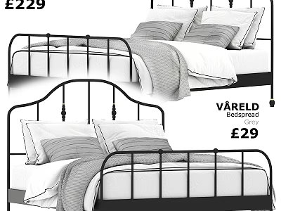Black Metal Double Bed Frame with White Bedding and Grey Pillows 3d model