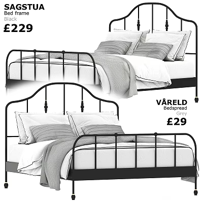Black Metal Double Bed Frame with White Bedding and Grey Pillows 3d model