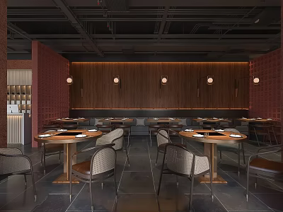 Modern Hotpot Restaurant Interior With Wooden Decor Tables Chairs And Pendant Lighting 3d model