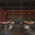 Modern Hotpot Restaurant Interior With Wooden Decor Tables Chairs And Pendant Lighting