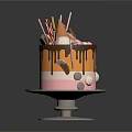 Colorful Decorated Cake With Chocolate Drizzle Lollipops And Candy On Glass Stand