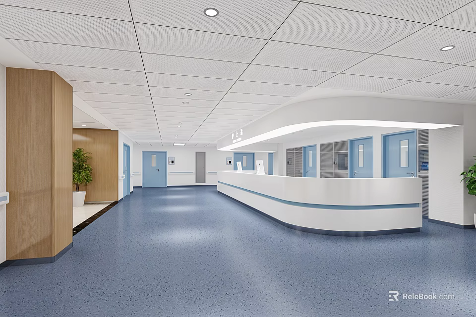 Hospital Outpatient Clinic Hallway Featuring Reception Desk Blue Doors Light Wooden Walls And Blue Flooring 3d model 