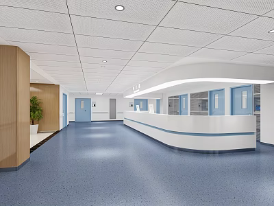 Hospital Outpatient Clinic Hallway Featuring Reception Desk Blue Doors Light Wooden Walls And Blue Flooring 3d model