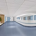 Hospital Outpatient Clinic Hallway Featuring Reception Desk Blue Doors Light Wooden Walls And Blue Flooring