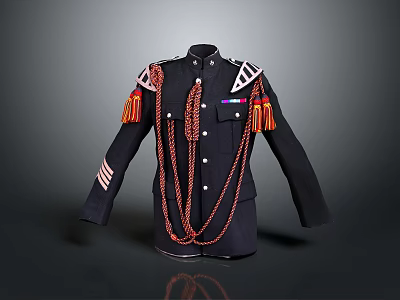 Black Military Uniform Featuring Red Tassels Shoulder Straps And Decorative Buttons 3d model