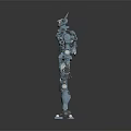 Detailed Blue Metallic Robot With Mechanical Joints Standing On Dark Background
