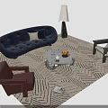 Stylish Sofa And Coffee Table Set With Tufted Dark Blue Upholstery Glass Top And Geometric Rug