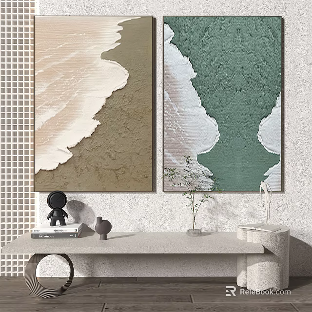 Abstract Paintings With Beige Brown Green White Textured Wavy Patterns For Interior Wall Decor 3d model