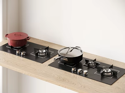 Modern Kitchen Cooktop Appliances With Pots On Sleek Wooden Countertop Surface 3d model