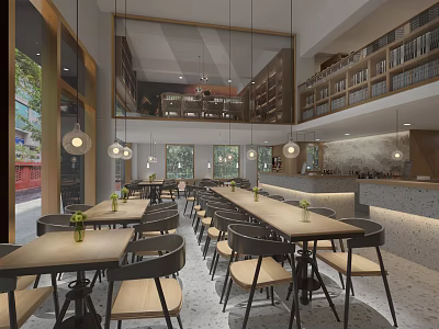 Modern Bar Interior Design With Hanging Lamps Wooden Tables And Bar Counter 3d model