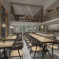 Modern Bar Interior Design With Hanging Lamps Wooden Tables And Bar Counter