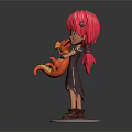 Pink Haired Game Movie Character Holding Orange Dragon Dark Clothes and Brown Boots on Base