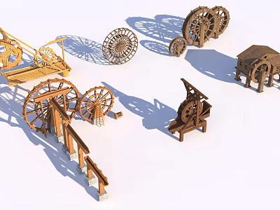 Wooden Garden Decorations With Various Designs Including Water Wheels Windmills And Small Huts 3d model