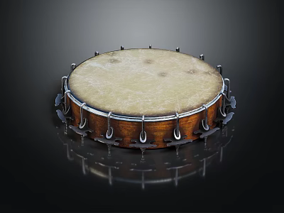 Handcrafted Traditional Drum With Light Leather Head And Wooden Body On Dark Reflective Background 3d model