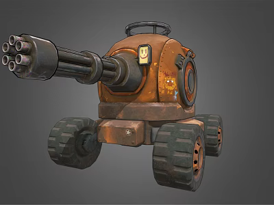 Rusty Orange Armored Mechanical Robot With Large Cannon And Wheels 3d model