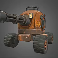 Rusty Orange Armored Mechanical Robot With Large Cannon And Wheels 3d model