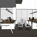 Modern Open Public Office Space With Long Desks Chairs Yellow Dividers Large Windows Hanging Lights