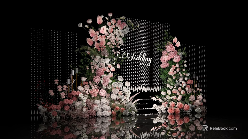 Elegant Wedding Floral Arrangement With Pink White Flowers And Crystal Curtain Backdrop 3d model 
