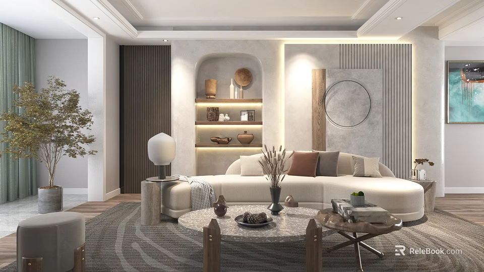 Modern Living Room Interior With White Sofa Round Coffee Table Circular Mirror And Decorative Shelf 3d model 