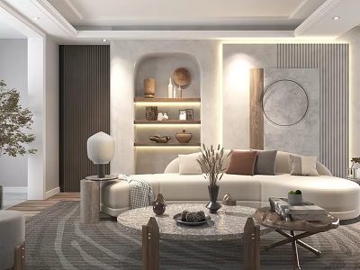 Modern Living Room Interior With White Sofa Round Coffee Table Circular Mirror And Decorative Shelf 3d model