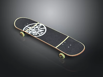 Stylish Black Skateboard Deck With White Graphic Design Yellow Wheels And Wooden Edge 3d model