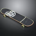 Stylish Black Skateboard Deck With White Graphic Design Yellow Wheels And Wooden Edge