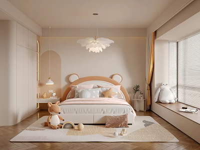 Cozy Kids Room Interior With Bear Ear Headboard Cloud Chandelier And Stuffed Toys On Rug 3d model