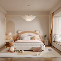 Cozy Kids Room Interior With Bear Ear Headboard Cloud Chandelier And Stuffed Toys On Rug